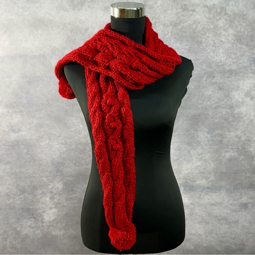 NWOT Red Cable Knit Pom Pom Scarf